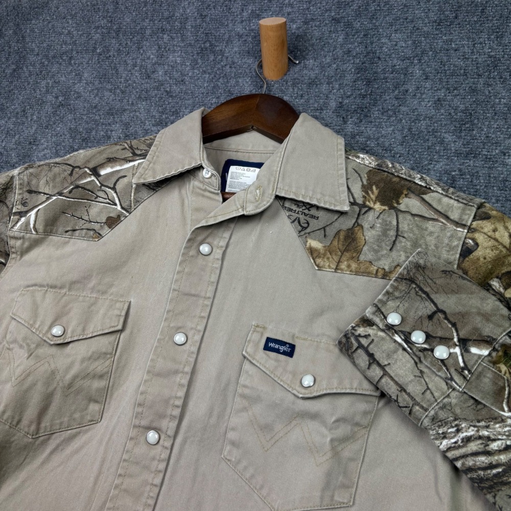 Wrangler Western Shirt Mens Large Tan Realtree Camo Pearl Snap MSAC930 Hunting